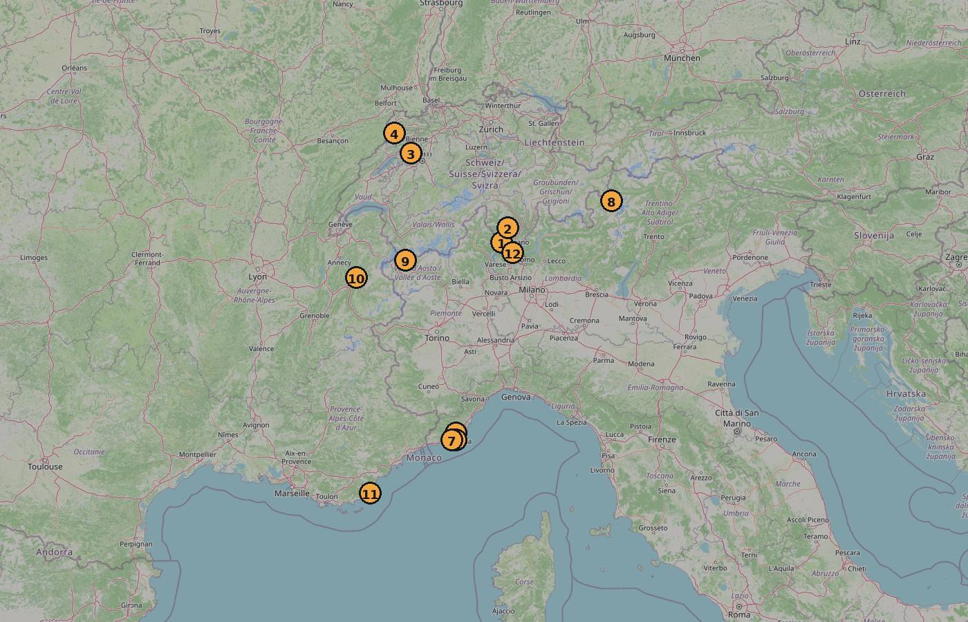 Map of Switzerland, Italy and France showing every Gravel Health ride location