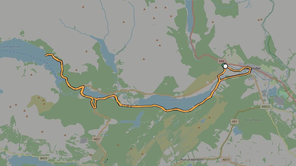 Real GPS route map showing the ride from Callander towards Loch Katrine