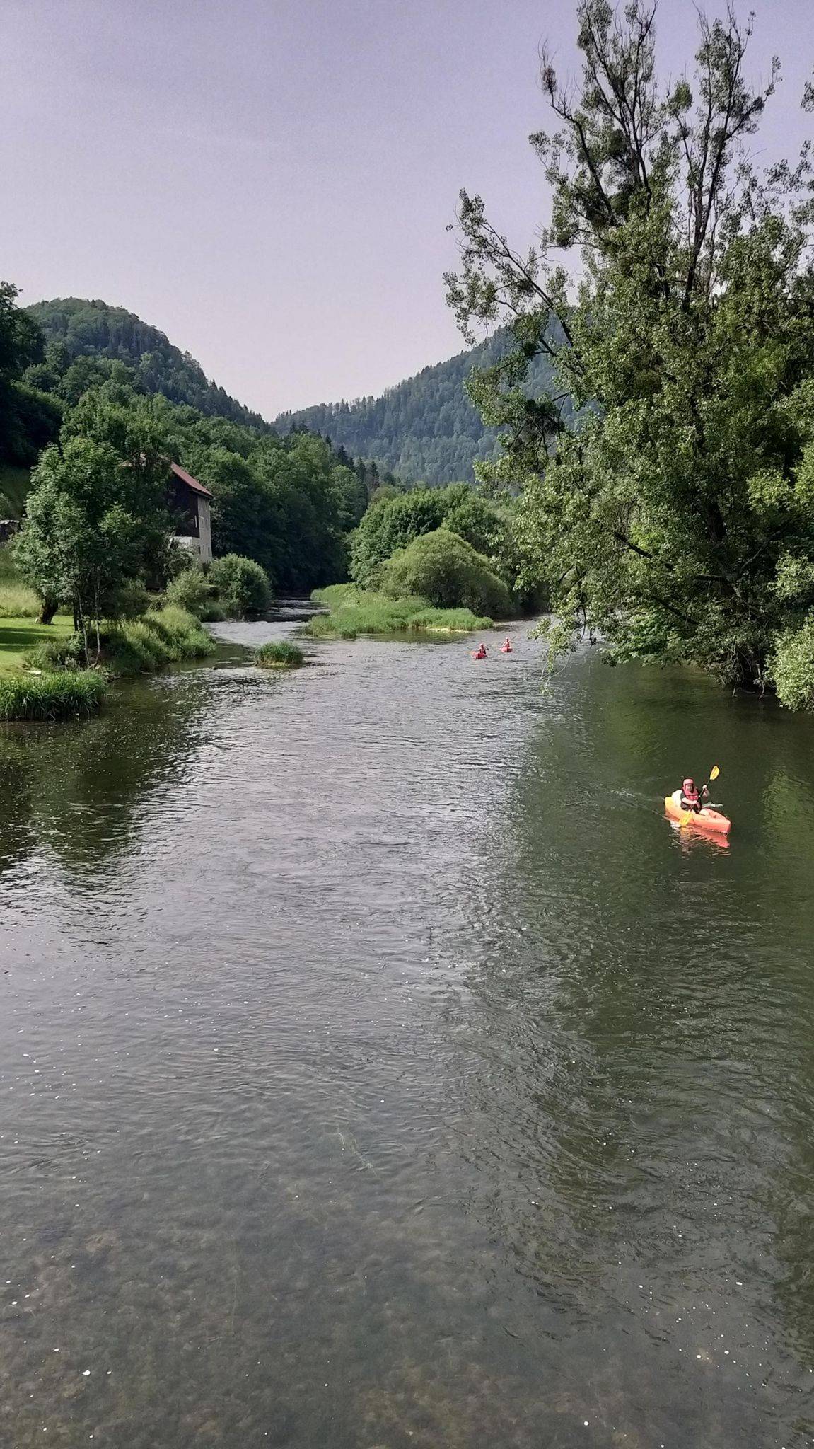 Someone floating on an inflatable in the Doubs river with wooded hills behind