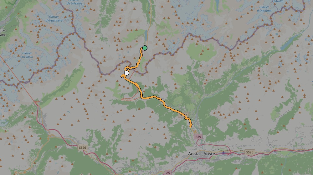 GPS route map of the Grand St Bernard ride, up the Swiss side to the pass and down the Italian side towards Aosta and back
