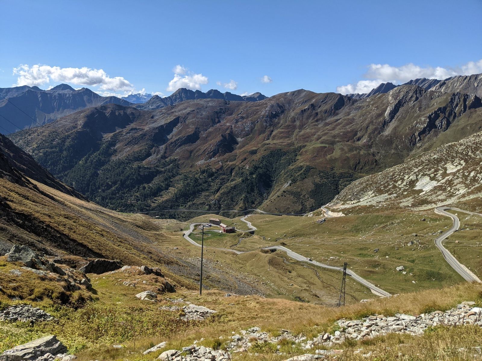 View from the top of the Grand St Bernard Pass down the Italian side, with the road winding through the valley