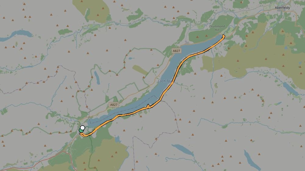 Real GPS route map showing the ride from Killin to Kenmore along Loch Tay