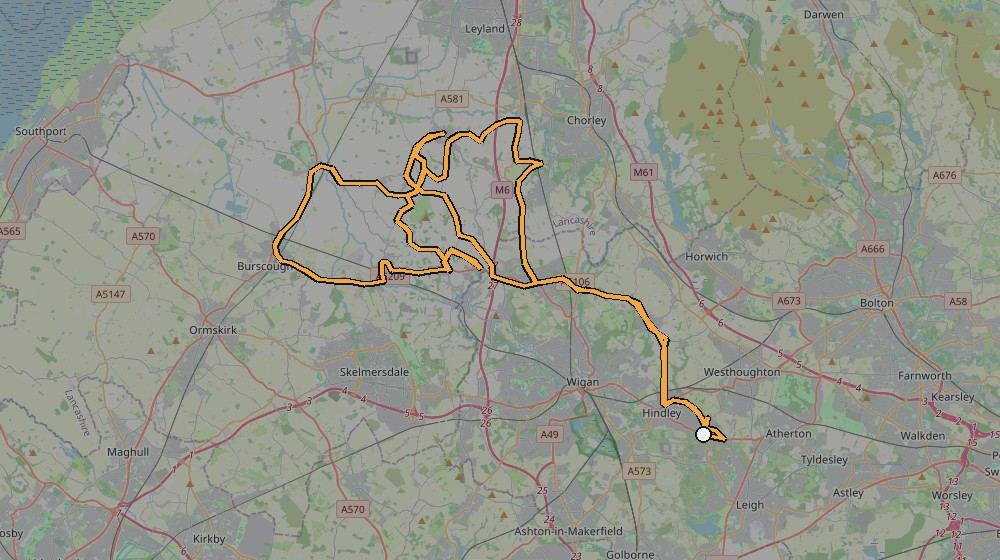 Real GPS route map showing the Ecclestone Ride from the Wigan area, 2013