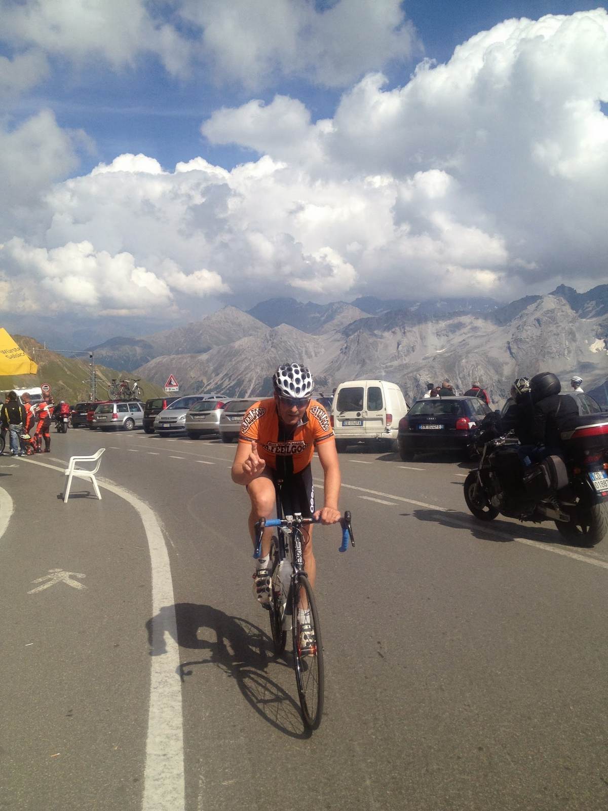 Me riding the hairpin switchbacks of the Stelvio Pass in cycling kit