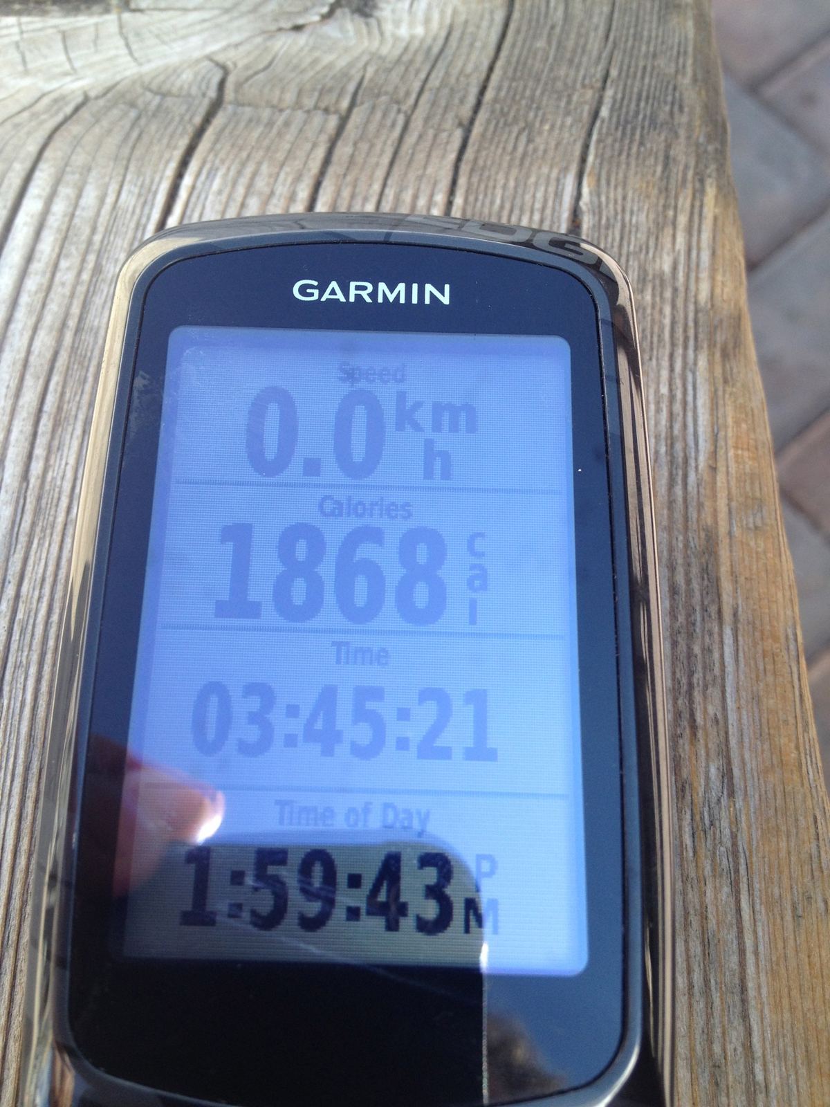 My Garmin bike computer showing 1868 calories and 3 hours 45 minutes elapsed time