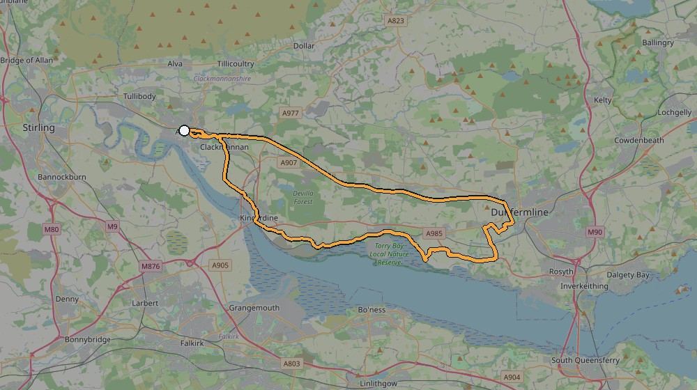 Real GPS route map of the 11 May 2023 ride near Alloa, including the repeat passes while searching for a lost phone