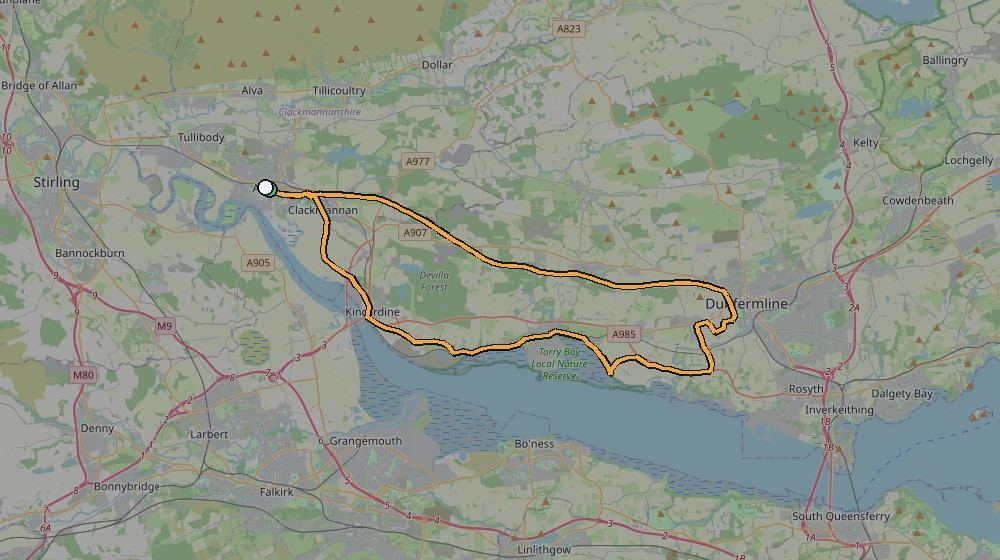 Real GPS route map showing the core home training loop out from Alloa through Dunfermline