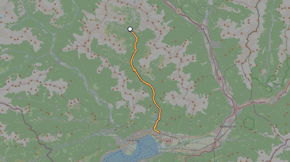 Real GPS route map of the 2019 out-and-back ride up the Verzasca Valley from Tenero