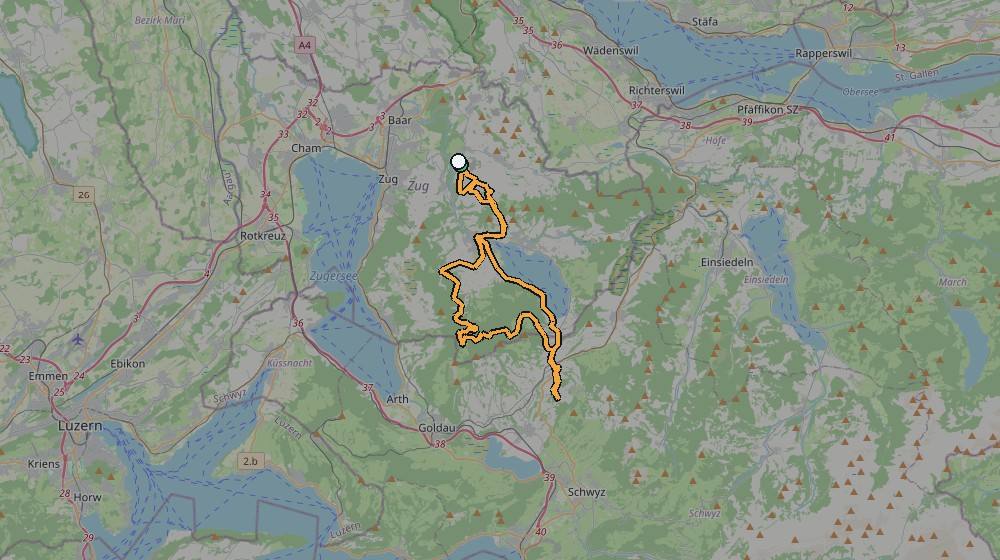 Real GPS route map showing the ride from Bargen to Zug area